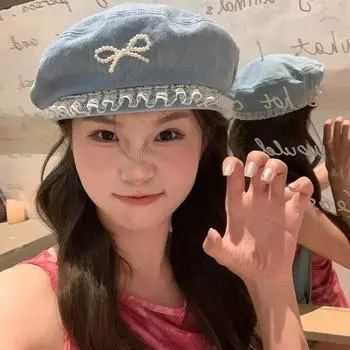 Милые универсальные береты с кружевом и жемчужным бантом для женщин в весенне-летнем стиле 2024 года для путешествий, повседневных, с открытым лицом, маленькие джинсовые шляпы для художников 56-58cm серый