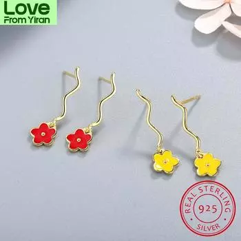 Милые ювелирные изделия, нежные женские серьги-гвоздики с красной/желтой эмалью, крошечные цветочные серьги-гвоздики из стерлингового серебра 925 пробы в стиле минимализма красный