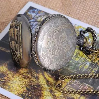 Милые винтажные часы бронзового тона, кварцевые карманные часы, кулон круглой формы с вырезом парусника, паровой P