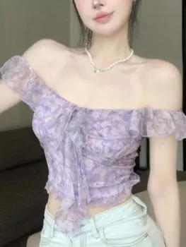 Милые винтажные тонкие топы без рукавов с ремешком, женские сексуальные топы Y2K с открытыми плечами, отпускной жилет с цветочным принтом, Эстетические вечерние топы на бретелях 2024 S фиолетовый