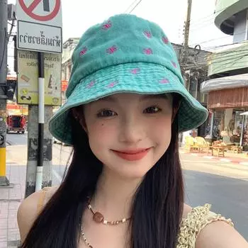 Милые вышитые банты Y2k шляпы для женщин Show Face маленькие весенние и летние дорожные универсальные повседневные ретро джинсовые панамы 56-58cm зелёный