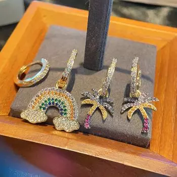 Милые забавные радужные серьги женские цветные циркониевые летние кокосовые ушные пряжки с украшением