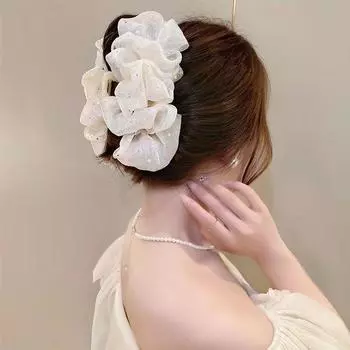 Милые заколки-краб из сетчатого тюля с большим бантом для женщин, элегантные заколки-хвосты с бантом, аксессуары для головных уборов, двухсторонние заколки-акулы бежевый