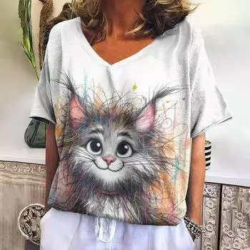 Милые женские футболки Harajuku Cat с принтом животных и v-образным вырезом, женская одежда, повседневная футболка с короткими рукавами, свободный топ большого размера, новинка 2024 года S