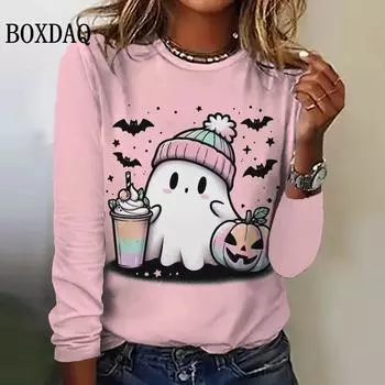 Милые женские футболки с длинными рукавами и рисунком из мультфильмов, с круглым вырезом и принтом призрака на Хэллоуин, свободная одежда, модные праздничные повседневные женские рубашки, топы S