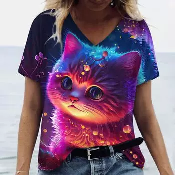 Милые женские футболки с котятами, V-образным вырезом, коротким рукавом, футболки в стиле Харадзюку, летняя женская мода, топы, свободная повседневная одежда, каваи S