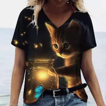 Милые женские футболки с котятами, V-образным вырезом, коротким рукавом, футболки в стиле Харадзюку, летняя женская мода, топы, свободная повседневная одежда, каваи S