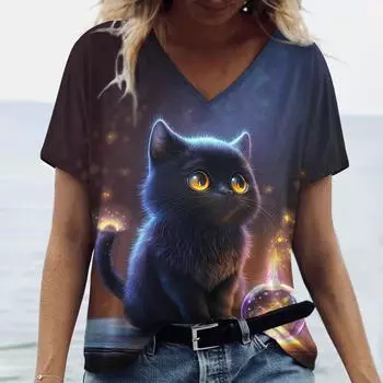 Милые женские футболки с котятами, V-образным вырезом, коротким рукавом, футболки в стиле Харадзюку, летняя женская мода, топы, свободная повседневная одежда, каваи XS