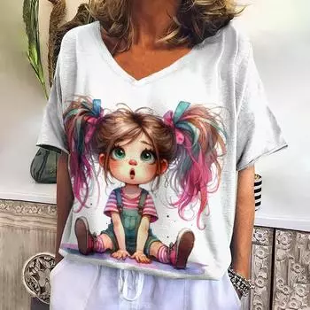 Милые женские футболки с принтом для девочек, повседневные короткие свитера с рукавами и V-образным вырезом, футболка больших размеров для женщин, повседневная одежда S