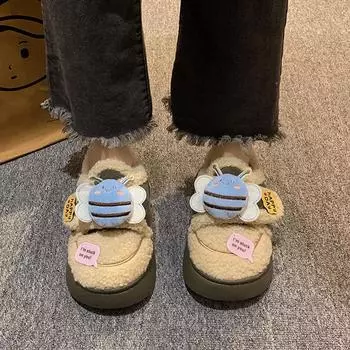 Милые женские хлопковые туфли с рисунком из мультфильмов 2024 года, зимние новые нескользящие толстые подошвы, плюшевые теплые зимние ботинки, ботинки на платформе Zapatos De Mujer 36 чёрный