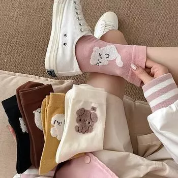 Милые женские носки с мультяшным котенком, корейская версия, интернет-знаменитости, студенческий стиль, хлопковые носки, дышащие, плюшевые, с собачкой, средние носки One size fits all чёрный