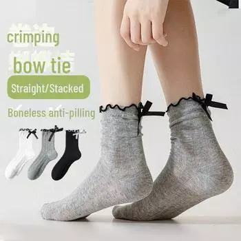 Милые женские носки с японским бантом JK с деревянным краем, дезодорирующие и впитывающие пот, тонкие, летний стиль. One Size Fungus Lace/Bowknot чёрный