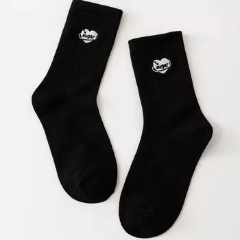 Милые женские носки с сердечками, черные хлопковые носки с вышивкой Kawaii, забавные носки в стиле Лолиты, 1 пара One Size