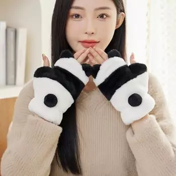 «Милые женские плюшевые зимние перчатки с полупальцами для студентов — корейский стиль, с бархатной подкладкой, теплые и незамерзающие для езды на велосипеде осенью и зимой» 10 years old and adults, One Size грязно-белый