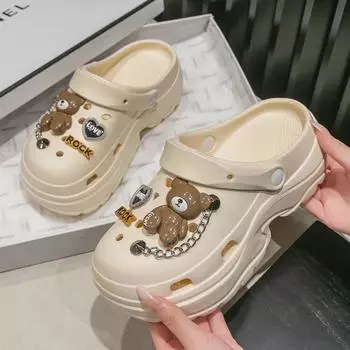 Милые женские повседневные двусторонние сандалии с толстой подошвой, декором в виде медвежьей цепи, закрытым каблуком, нескользящие, для пляжа и активного отдыха 40-41