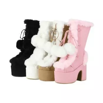 Милые женские сапоги до середины голени в стиле Лолиты на платформе с толстым каблуком, милые белые женские сапоги на молнии для показа и косплея с мехом и подвеской в виде помпона 35 чёрный