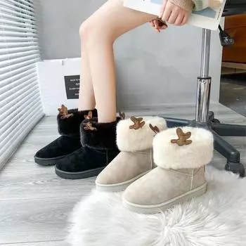 Милые женские сапоги из овчины и шерсти на толстой подошве, новый дизайн 2024 года, нескользящие зимние сапоги, модные женские мини-теплые утолщенные женские сапоги 35 бежевый