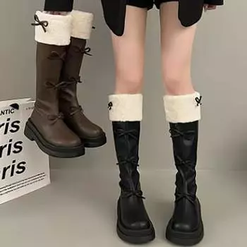 Милые женские сапоги с бабочкой и узлом в корейском стиле, модные коричневые высокие сапоги из плюша, утолщенные, зимние, женские, до колена 39 чёрный