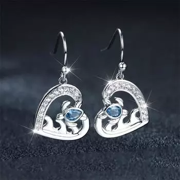 Милые женские серьги-капли с большим сердцем серебряного цвета, висячие серьги для женщин, роскошные синие черепахи с кристаллами и камнями, свадебные украшения