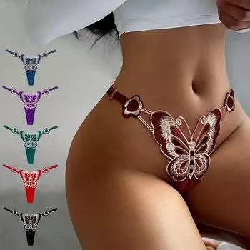 Милые женские стринги с вышивкой бабочки, стринги, сексуальные трусики с регулируемой талией