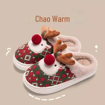 Милые женские тапочки с изображением лося на Рождество - зима 2024 г., нескользящий пушистый хлопок для использования в помещении и на улице 42-43 красный