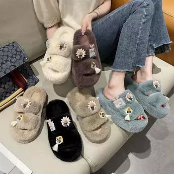 Милые женские тапочки с толстой подошвой и увеличенным размером 2024 года, новые теплые плюшевые шлепанцы из плюша 35 чёрный