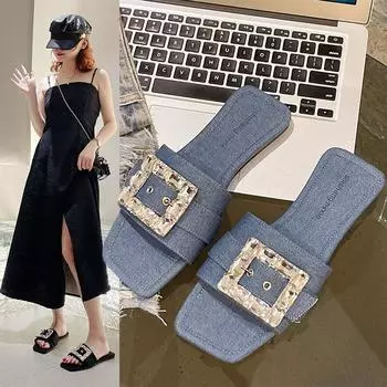 Милые женские тапочки, шлепанцы, обувь на низком каблуке с квадратной пряжкой для женщин, летние шлепанцы с кристаллами, большие размеры 35 синий