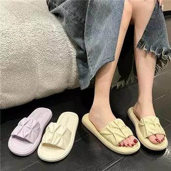Милые женские тапочки, шлепанцы, повседневная обувь на плоской подошве на низком каблуке для женщин, однотонные летние тапочки со складками, большие размеры 35 бежевый