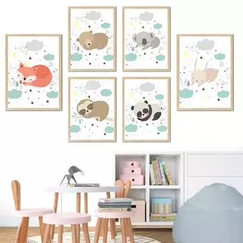 Милые животные джунглей, медведь, ленивец, коала, лиса, панда, настенная живопись на холсте, постеры на скандинавскую тему и принты, настенные панно, декор для детской комнаты 21cm30cm NoFrame
