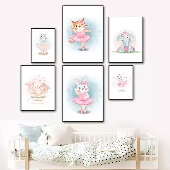 Милые животные, холст, картина, настенная картина, розовые танцующие кролики, слоны, постеры и принты, украшение для спальни для девочек 21cm30cm NoFrame