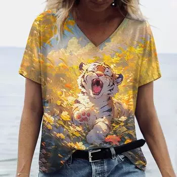Милые животные принтованные V-образный вырез женская одежда Harajuku женские футболки повседневные свободные футболки с коротким рукавом свободный пуловер Kawaii S