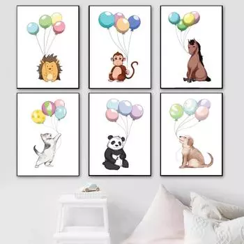 Милые животные, щенки, обезьяны, лошади, воздушные шары, настенное искусство для детской комнаты, картины на холсте, постеры и принты, настенные картины, декор детской комнаты без рамки 21*30cm No Frame