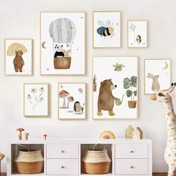 Милые животные в стиле бохо, медведь, еж, коала, пчела, кролик, настенный художественный постер для детской комнаты, холст, живопись и принты, фотографии, декор для детской комнаты 21x30cm No Framed