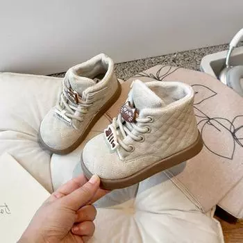 Милые зимние ботинки для девочек с рисунком кота, детская мода, толстые хлопковые ботинки 2024 года, новые универсальные детские повседневные ботильоны 21 темные хаки