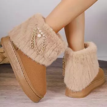 Милые зимние ботинки с жемчужной цепочкой, женские зимние ботинки на платформе из искусственного меха, плюшевые ботильоны, фирменный дизайн, нескользящая теплая хлопковая обувь 36 чёрный