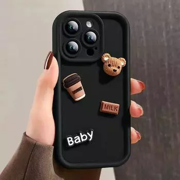 Милый 3D чехол с изображением медведя из мультфильма «кофе» для iPhone 15 12 11 13 14 Pro Max 7 8 Plus X Xs Xr 15pro 14pro 15plus Мягкий силиконовый матовый чехол iPhone 7 Plus чёрный