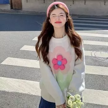 Милый 3D цветочный декор, женский свитер, ленивый стиль, свободный женский трикотаж, осень-зима, милый пуловер с круглым вырезом и длинными рукавами onesize белый
