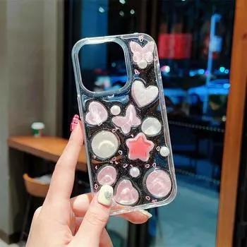 Милый 3D лазерный розовый чехол с бабочкой и сердцем с жемчугом для iPhone 15 14 13 12 Pro Max 11, блестящий прозрачный эпоксидный противоударный чехол-бампер For iPhone 11