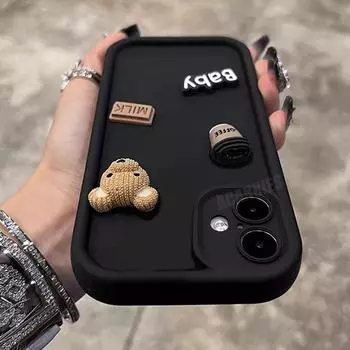 Милый 3D медведь кофе мультфильм силиконовый чехол для iPhone 16 plus 15 12 11 13 14 Pro Max X Xs Xr 15pro 14pro 16plus мягкий матовый чехол For iPhone 16 белый