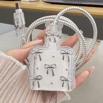 Милый 3D прозрачный бант USB-кабель защитный чехол для iPhone 18 Вт 20 Вт зарядное устройство против царапин защитный чехол комплект для сматывания кабеля передачи данных