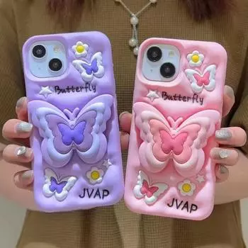 Милый 3D розовый силиконовый чехол для телефона с бабочкой для iPhone 16 15 14 13 12 11 Pro Xs Max X Xr милый противоударный мягкий чехол iPhone X фиолетовый