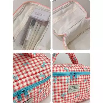 Милый бант цветок стеганый хлопковый косметичка женский молния косметический органайзер женская тканевая сумочка портативный туалетный чехол для девочек M красный