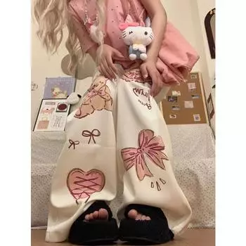 Милый бант с рисунком медведя из мультфильма, эластичный пояс, свободные прямые длинные брюки, женские спортивные штаны, широкие брюки, мешковатые, y2k, харадзюку, гранж, готика S абрикосовый