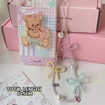 Милый бант с жемчужными бусинами, брелок для мобильного телефона, милый короткий ремешок для мобильного телефона, универсальный ремешок для мобильного телефона, защищающий от потери