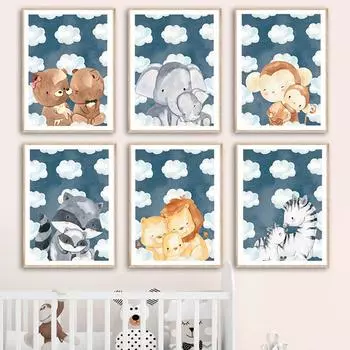 Милый бегемот, лев, зебра, лиса, обезьяна, семейная настенная живопись на холсте, постеры на скандинавскую тему и принты, настенные панно, декор для детской комнаты 21cm30cm NoFrame