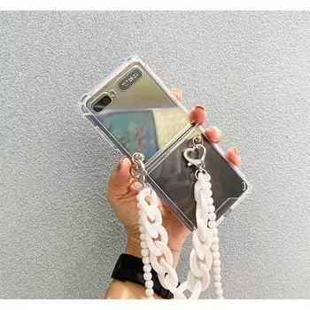 Милый белый массивный браслет-цепочка + длинный шариковый ремешок, противоударный прозрачный чехол для Samsung Galaxy Z Flip 4 5g, защитный чехол Case with Chain слоновая кость