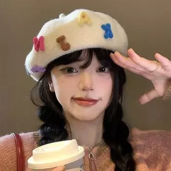 Милый берет из шерстяной ткани с буквами, женский, осенне-зимний, универсальный, милая шляпа художника, показывающая маленькое лицо, большая окружность головы M (56-58cm) English alphabet plush beret молочный белый