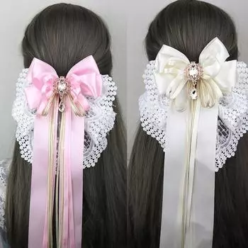 Милый большой бант с вышивкой и кружевной заколкой для волос в стиле Лолиты, длинная лента, заколка для волос, резинки для волос с хвостиком, аксессуары для волос