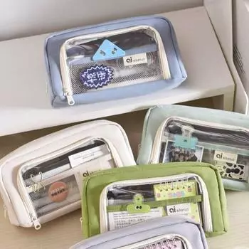 Милый большой вместительный прозрачный пенал с застежкой-молнией, двухслойная канцелярская коробка, сумка для карандашей для студентов