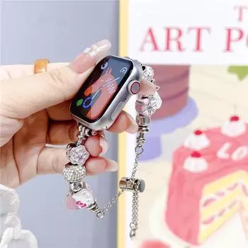 Милый браслет Kt Cat для Apple Watch Series 9, 8, 7, 6, 5, 41 мм, 45 мм, роскошный ремешок для часов для IWatch Ultra 38, 42, 40 мм, 44 мм, ремешок с кристаллами 42 44 45 49mm жёлтый/чёрный